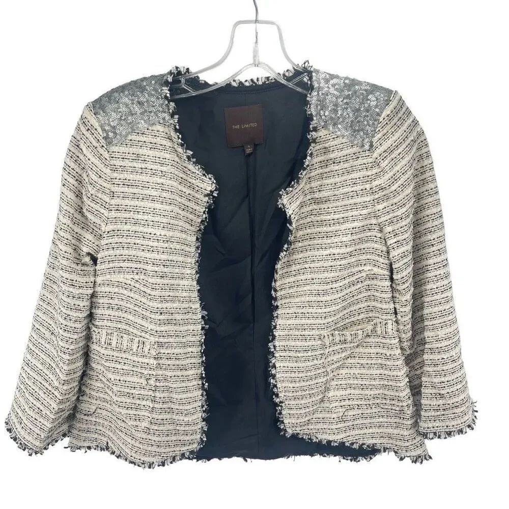 The Limited Womens Blazer Jacket Sequin Fringe Striped Lined Tan Gray Small